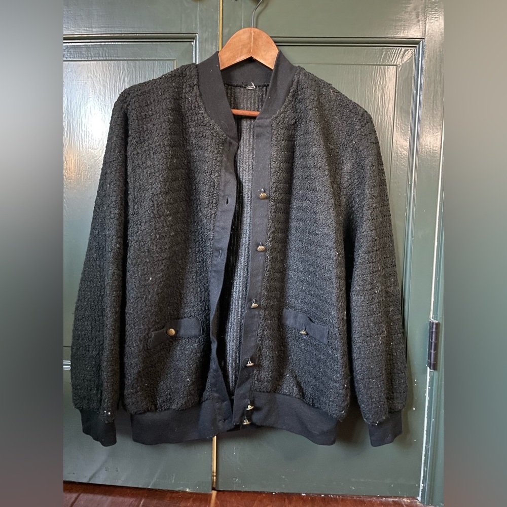 black cardigan with gold buttons